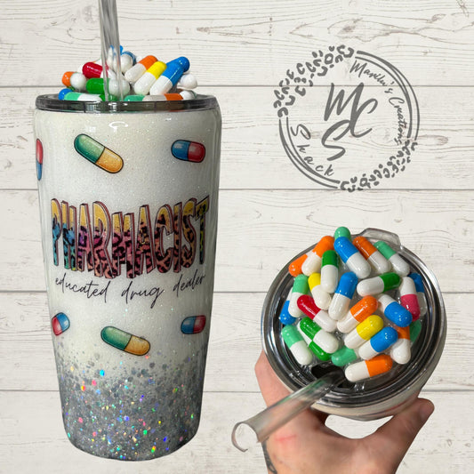 Pharmacist Tumbler with 3D fake pills removable topper, white and silver glitter. Bottom glitter color can be changed. Personalizeable Cup.