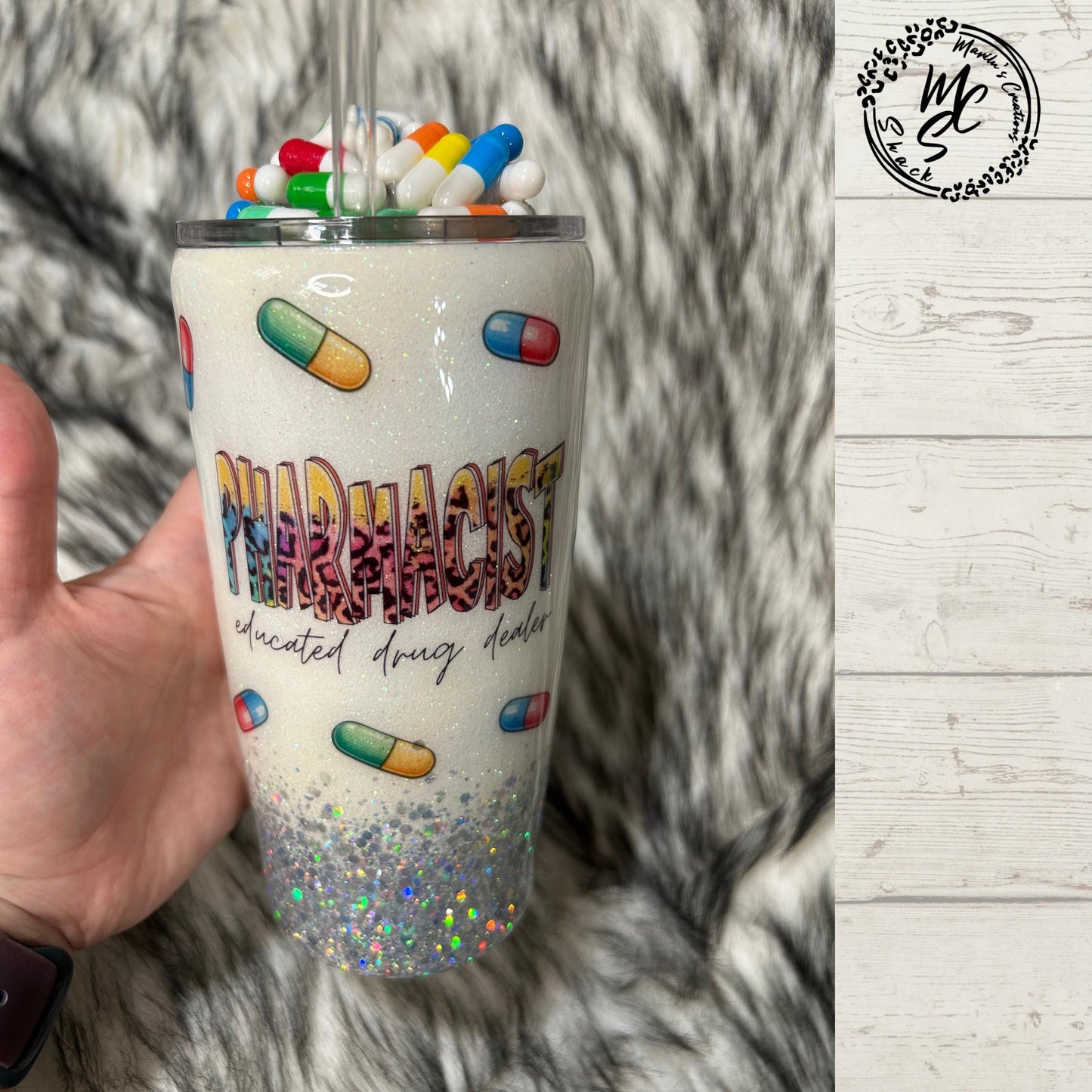 Pharmacist Tumbler with 3D fake pills removable topper, white and silver glitter. Bottom glitter color can be changed. Personalizeable Cup.