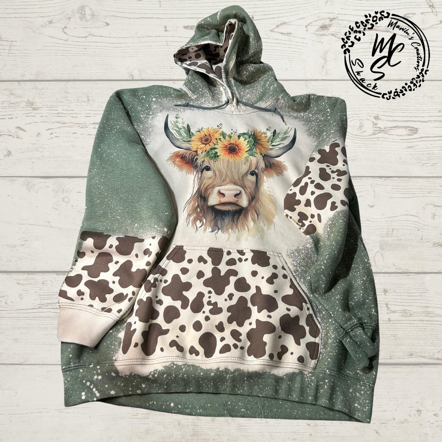 Hoodie Bleached/Distressed Highland Cow with sunflowers and cow prints cute cattle sweatshirt, green pullover, sweater, cow print hood.