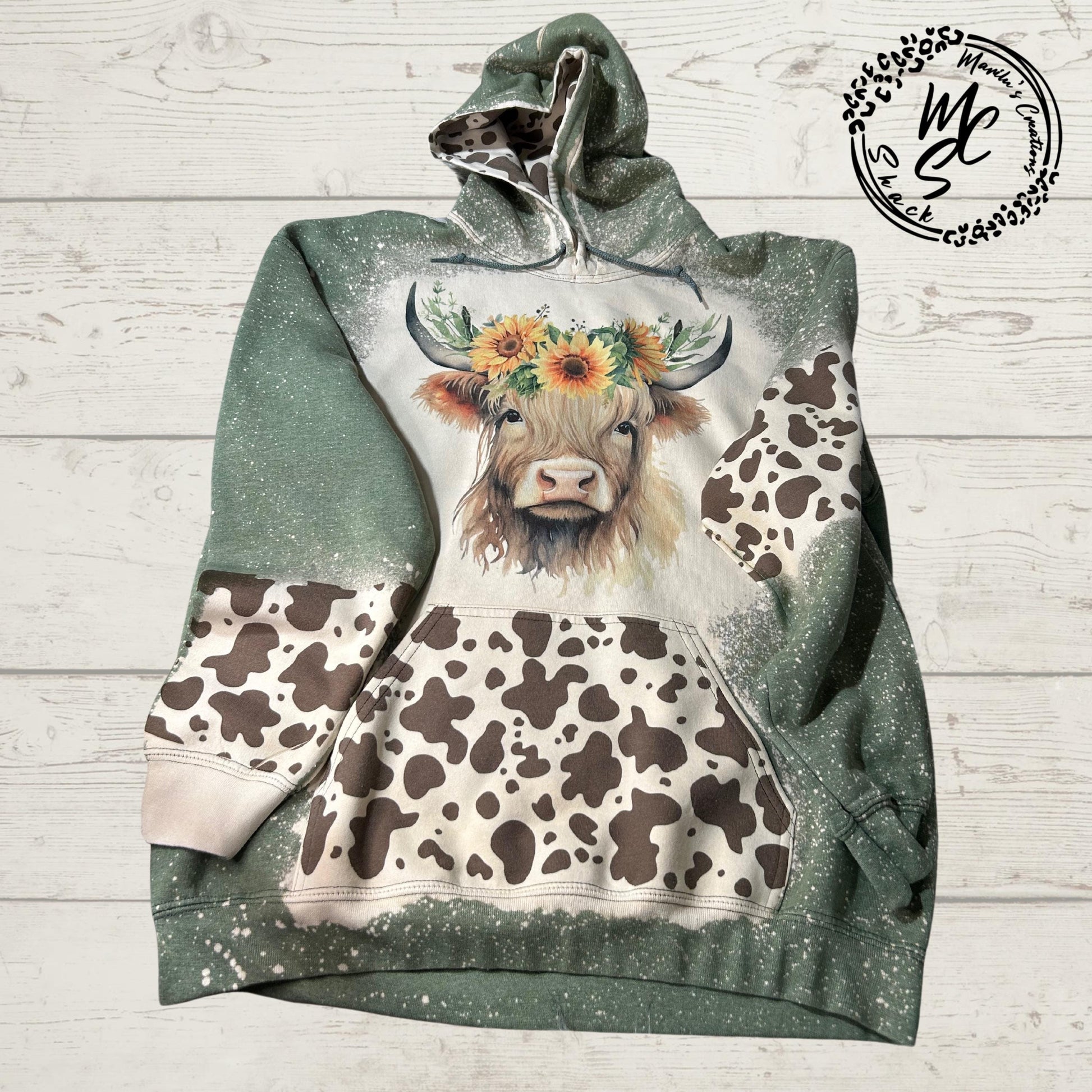 Hoodie Bleached/Distressed Highland Cow with sunflowers and cow prints cute cattle sweatshirt, green pullover, sweater, cow print hood.