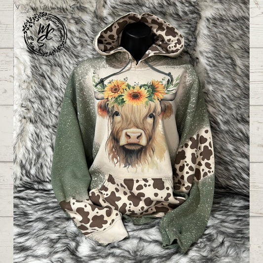 Hoodie Bleached/Distressed Highland Cow with sunflowers and cow prints cute cattle sweatshirt, green pullover, sweater, cow print hood.