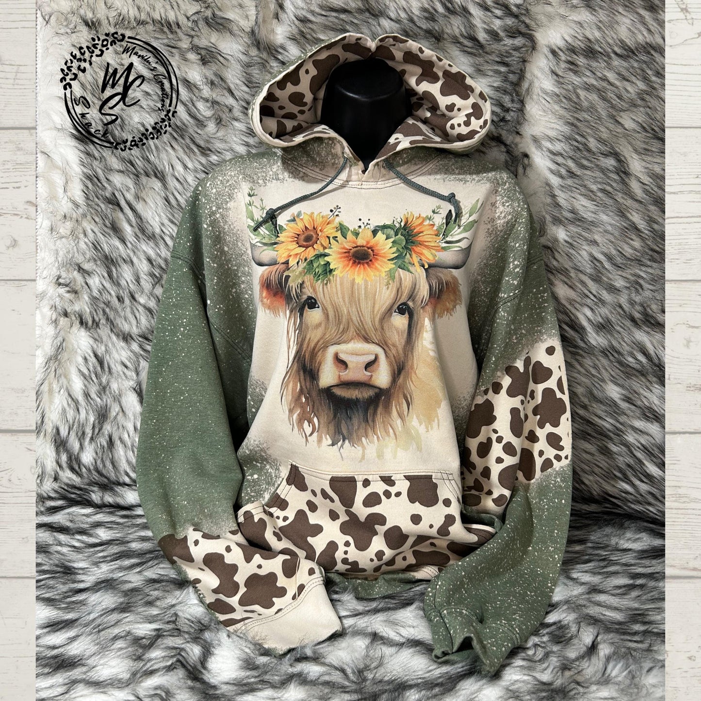 Hoodie Bleached/Distressed Highland Cow with sunflowers and cow prints cute cattle sweatshirt, green pullover, sweater, cow print hood.