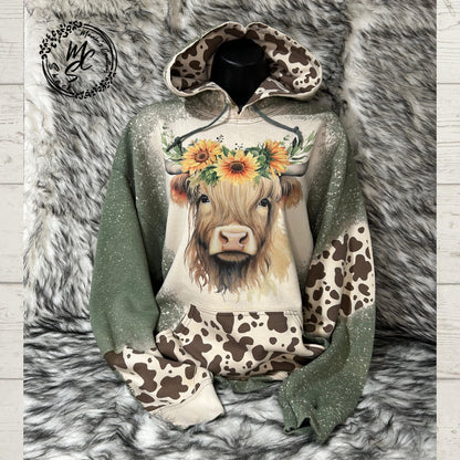 Hoodie Bleached/Distressed Highland Cow with sunflowers and cow prints cute cattle sweatshirt, green pullover, sweater, cow print hood.