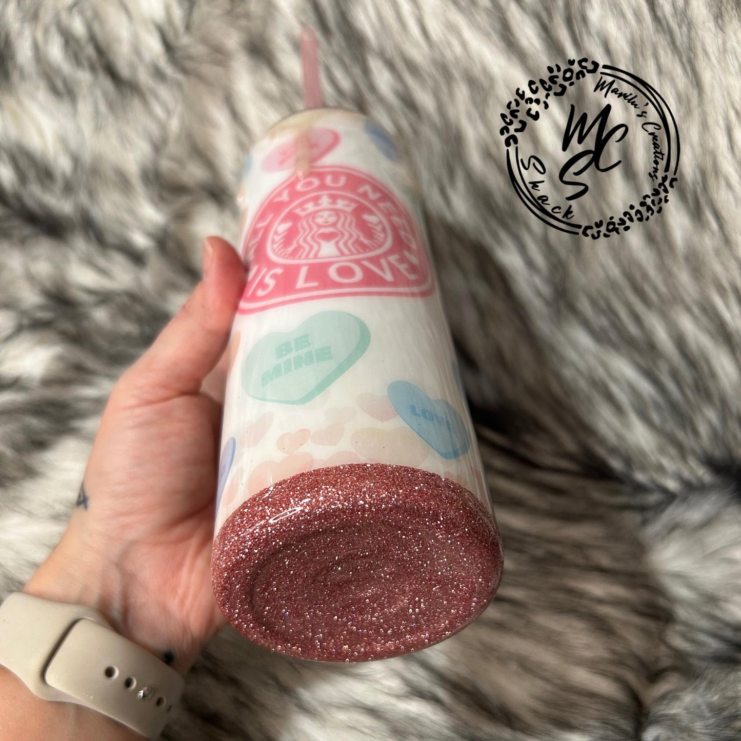 Valentines Tumbler: 3D Candy Heart Topper, Glitter Drip - 20oz/30oz Skinny