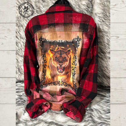 Lion Shirt, Flannel with a Lioness Graphic Shirt, Bleached Distressed Shirt, Red and Black Flannel Shirt, Long Sleeve Shirt