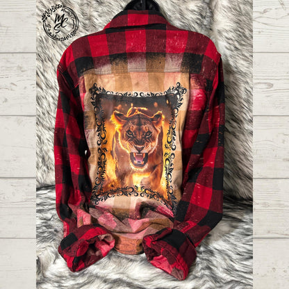 Lioness Graphic Flannel Shirt: Bleached Distressed Red & Black Plaid
