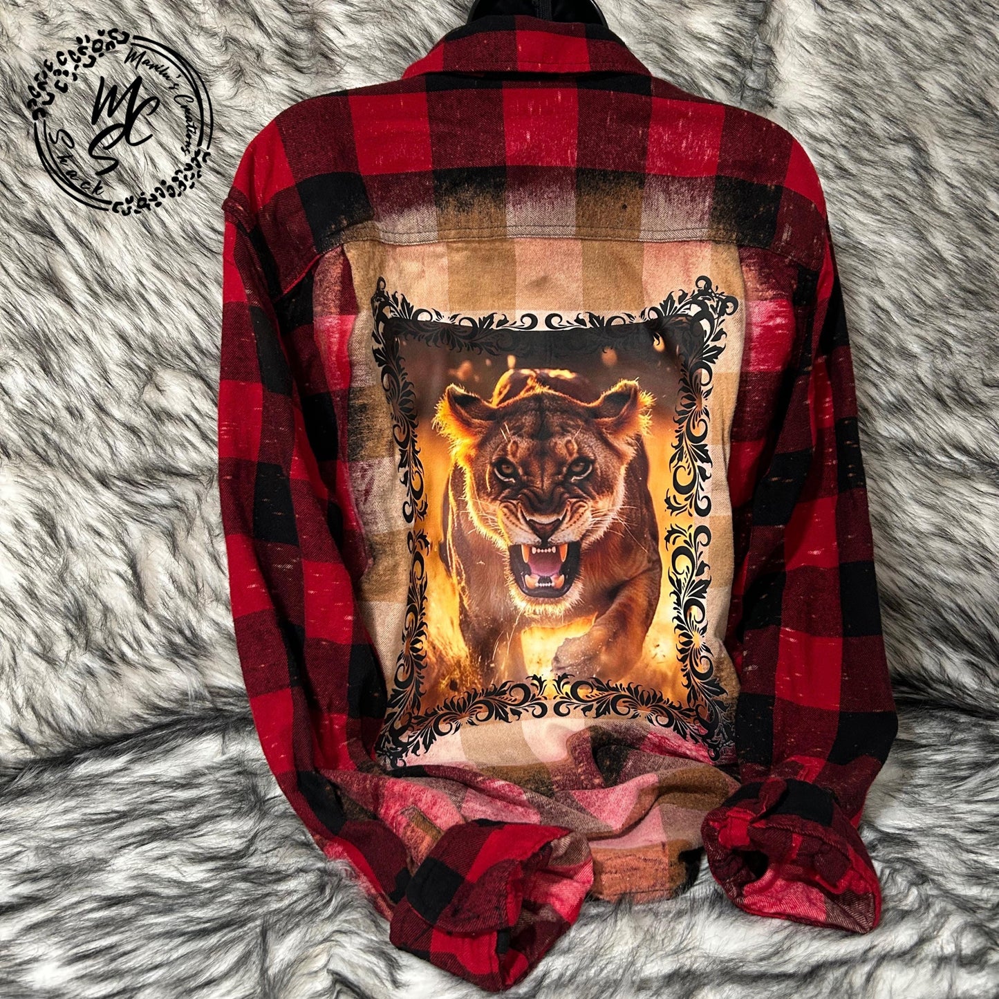 Lion Shirt, Flannel with a Lioness Graphic Shirt, Bleached Distressed Shirt, Red and Black Flannel Shirt, Long Sleeve Shirt