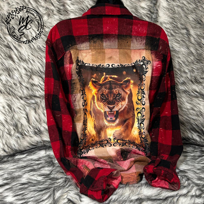 Lion Shirt, Flannel with a Lioness Graphic Shirt, Bleached Distressed Shirt, Red and Black Flannel Shirt, Long Sleeve Shirt