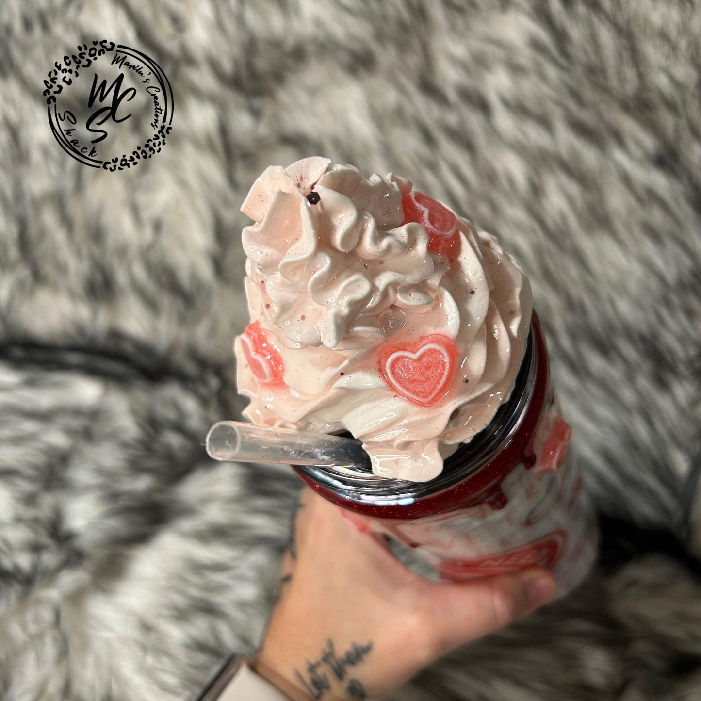 Valentines Tumbler, All you need is love candy, hearts, glitter, 3d dripping and whipped Cream 3d topper, on a 20oz or 30oz Straight Skinny
