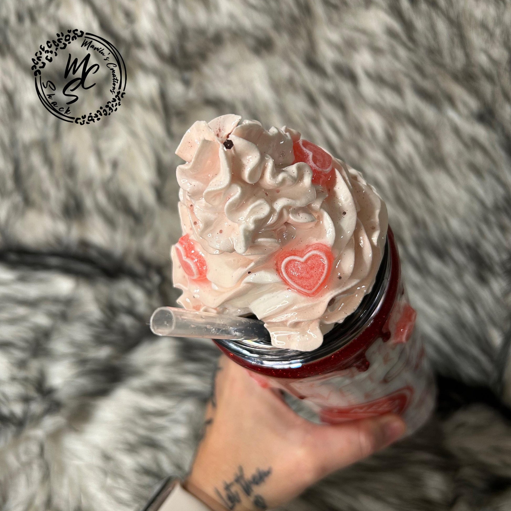 Valentines Tumbler, All you need is love candy, hearts, glitter, 3d dripping and whipped Cream 3d topper, on a 20oz or 30oz Straight Skinny