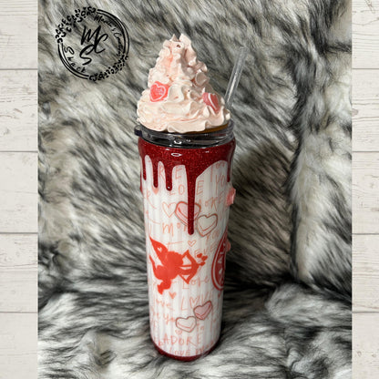 Valentines Tumbler, All you need is love candy, hearts, glitter, 3d dripping and whipped Cream 3d topper, on a 20oz or 30oz Straight Skinny