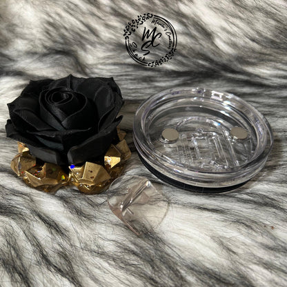 Black Rose removable topper and lid for different size tumblers. Rose Flower Black and Gold topper replacement lid. Faux Tumbler top