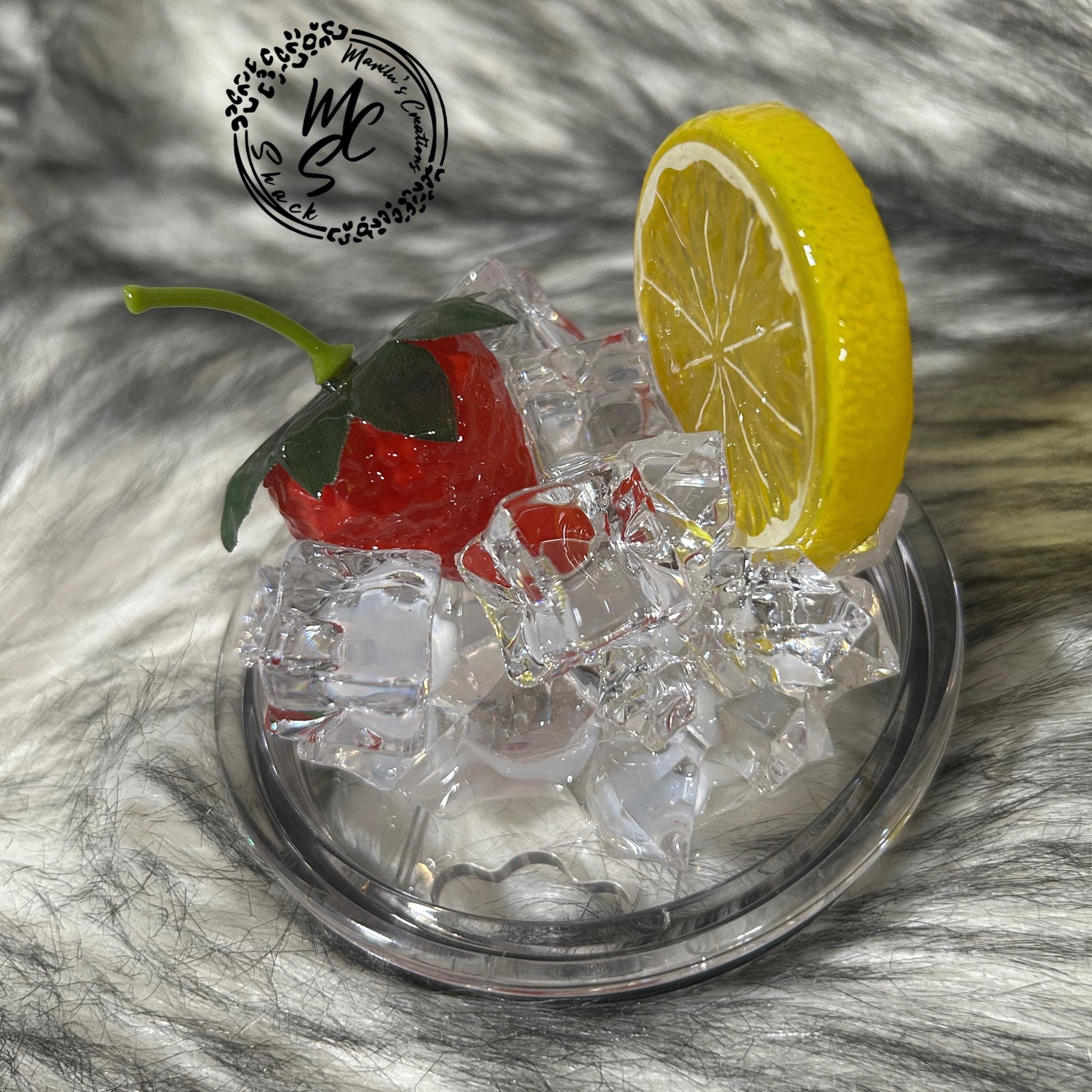 Strawberry Lemon and ice removable toppers and lid for different size tumblers. Fruit and Ice topper replacement lid. Tumbler top