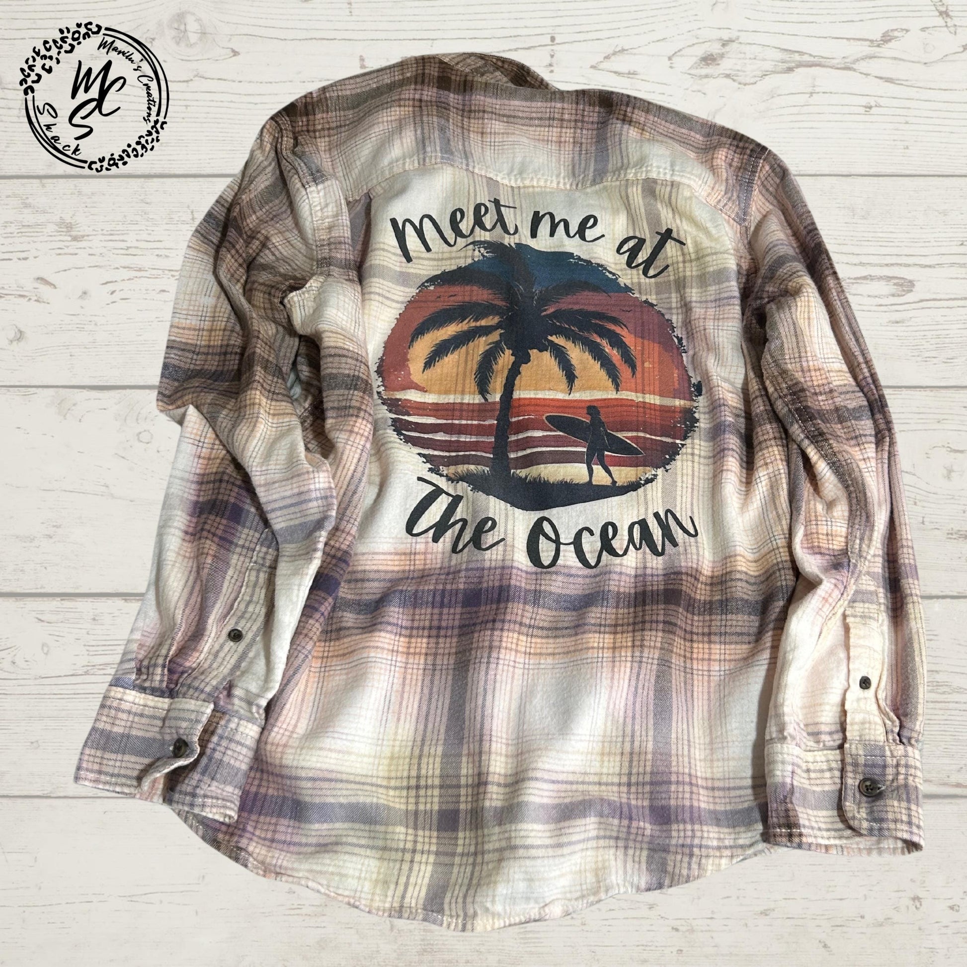 Flannel Meet me at the Ocean bleached distressed, super soft real flannel, tan plaid color surfer sunrise top, gift for her, cow lovers.