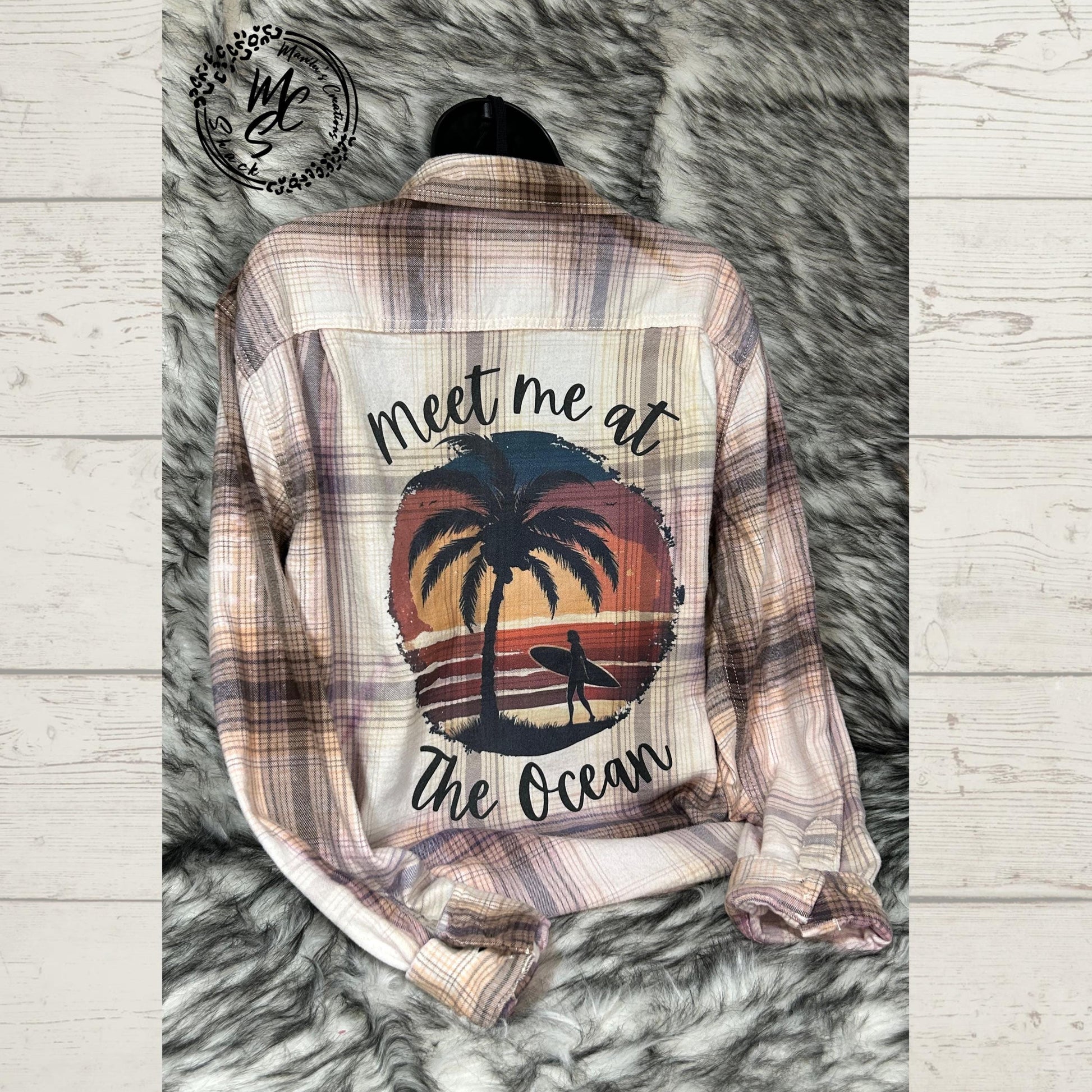 Flannel Meet me at the Ocean bleached distressed, super soft real flannel, tan plaid color surfer sunrise top, gift for her, cow lovers.