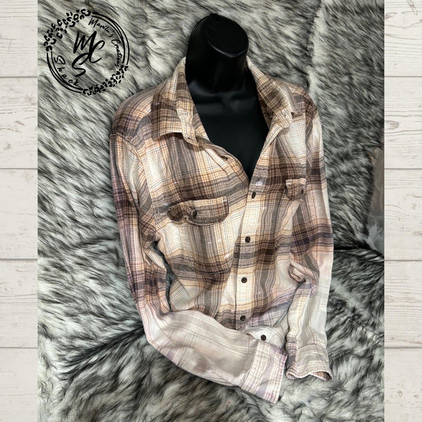 Flannel Meet me at the Ocean bleached distressed, super soft real flannel, tan plaid color surfer sunrise top, gift for her, cow lovers.