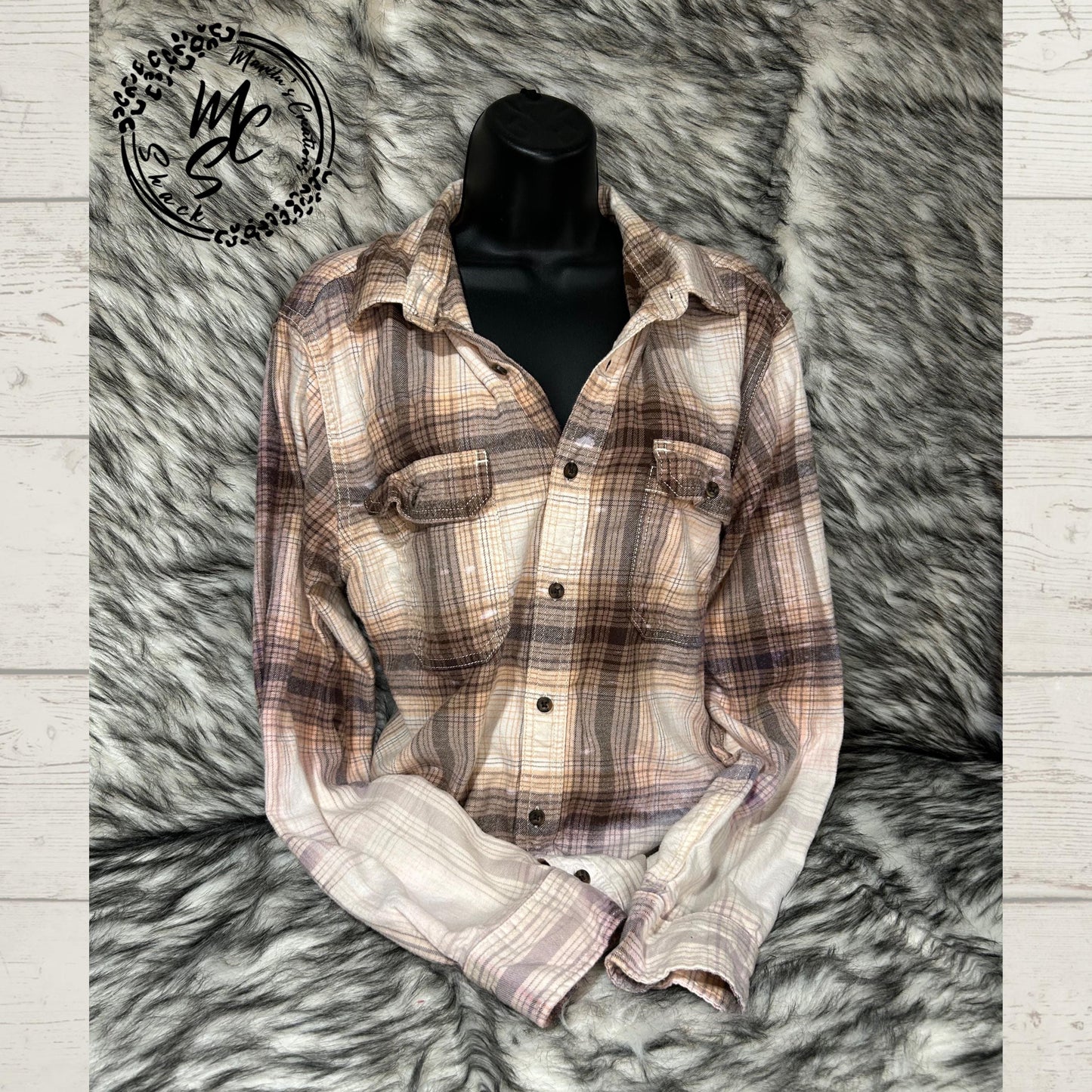 Flannel Meet me at the Ocean bleached distressed, super soft real flannel, tan plaid color surfer sunrise top, gift for her, cow lovers.