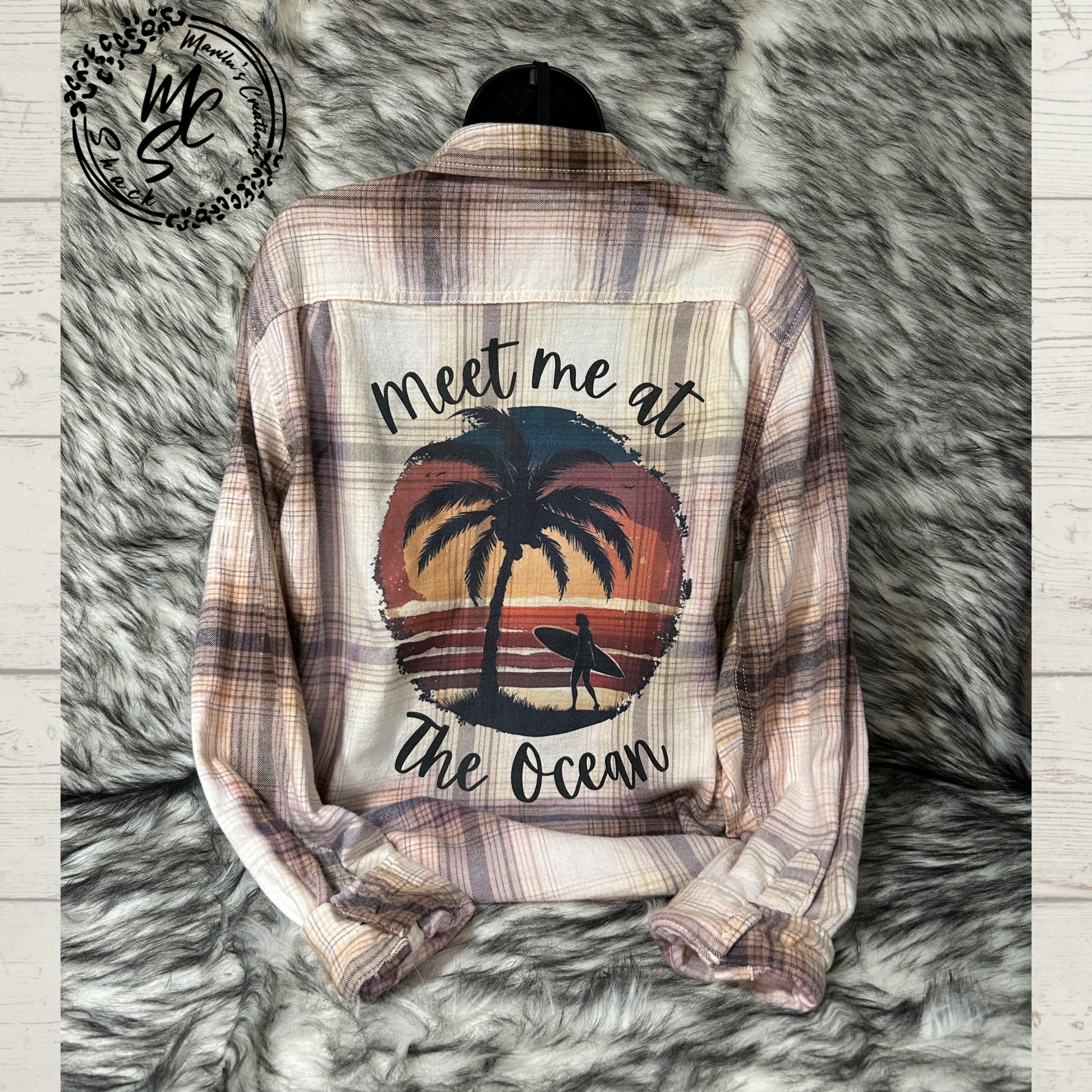 Flannel Meet me at the Ocean bleached distressed, super soft real flannel, tan plaid color surfer sunrise top, gift for her, cow lovers.