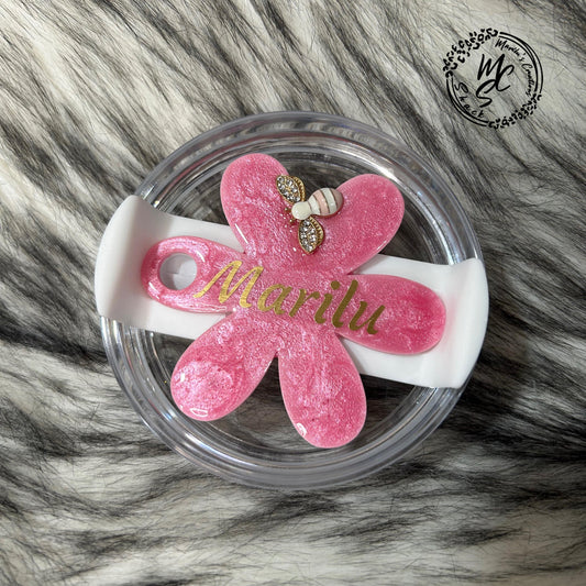 Flower shape lid topper with pink shimmer and a 3d pink bee, personalized decorated topper for Stanley and Dupe cup lids 30oz and 40oz