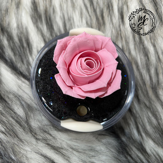 Rose Tumbler Topper, 3D Pink Flower Lid With Black Glitter Base Topper, Aesthetic Drink Lid, Pretty Cup Lid, Decorative Tumbler Cover