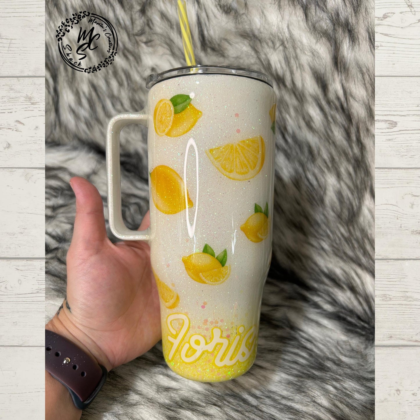 Mommy & Me Lemon print tumbler, Sparkly lemonade print tumbler (with slide screw on lid and straw), ombré glitter with white and yellow mix