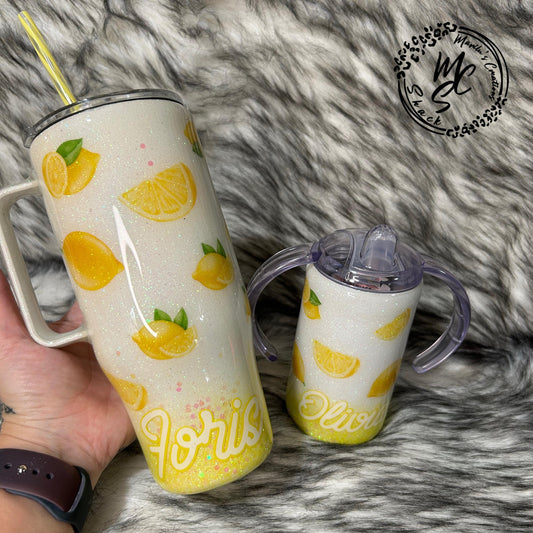 Mommy & Me Lemon print tumbler, Sparkly lemonade print tumbler (with slide screw on lid and straw), ombré glitter with white and yellow mix