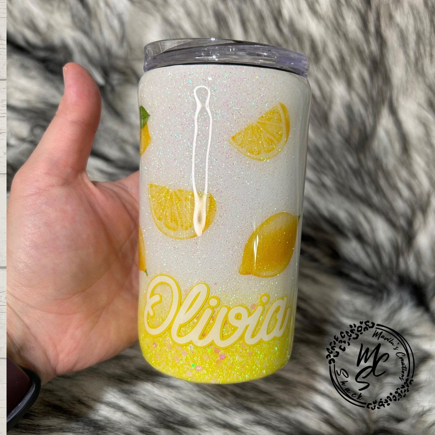 Mommy & Me Lemon print tumbler, Sparkly lemonade print tumbler (with slide screw on lid and straw), ombré glitter with white and yellow mix