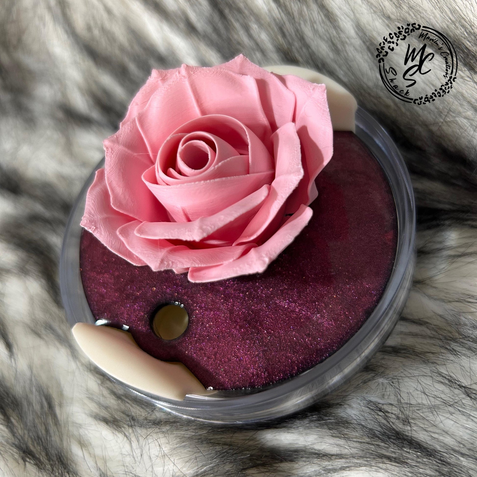 3D Pink Rose Stanley Tumbler Topper: Shimmer Base, Floral Accessory