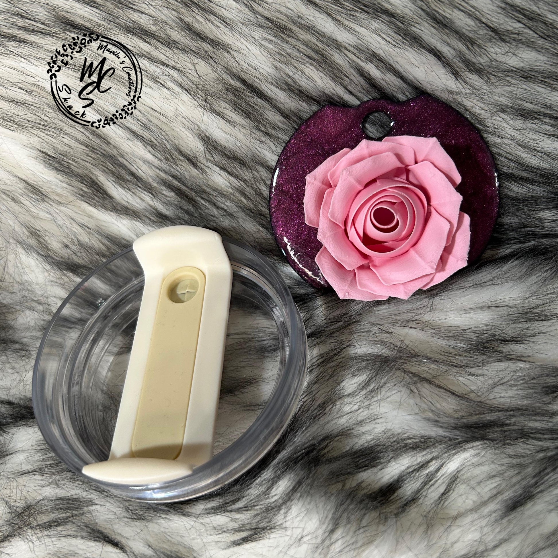 Rose lid topper, 3D Pink Rose Flower with shimmer base, topper for Stanley and Dupe cup lids 30oz and 40oz, beautiful gift for her.