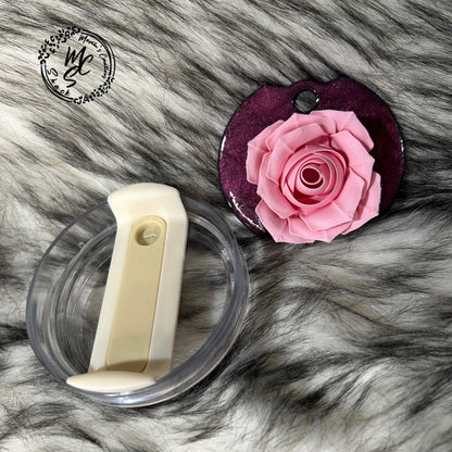 Rose lid topper, 3D Pink Rose Flower with shimmer base, topper for Stanley and Dupe cup lids 30oz and 40oz, beautiful gift for her.