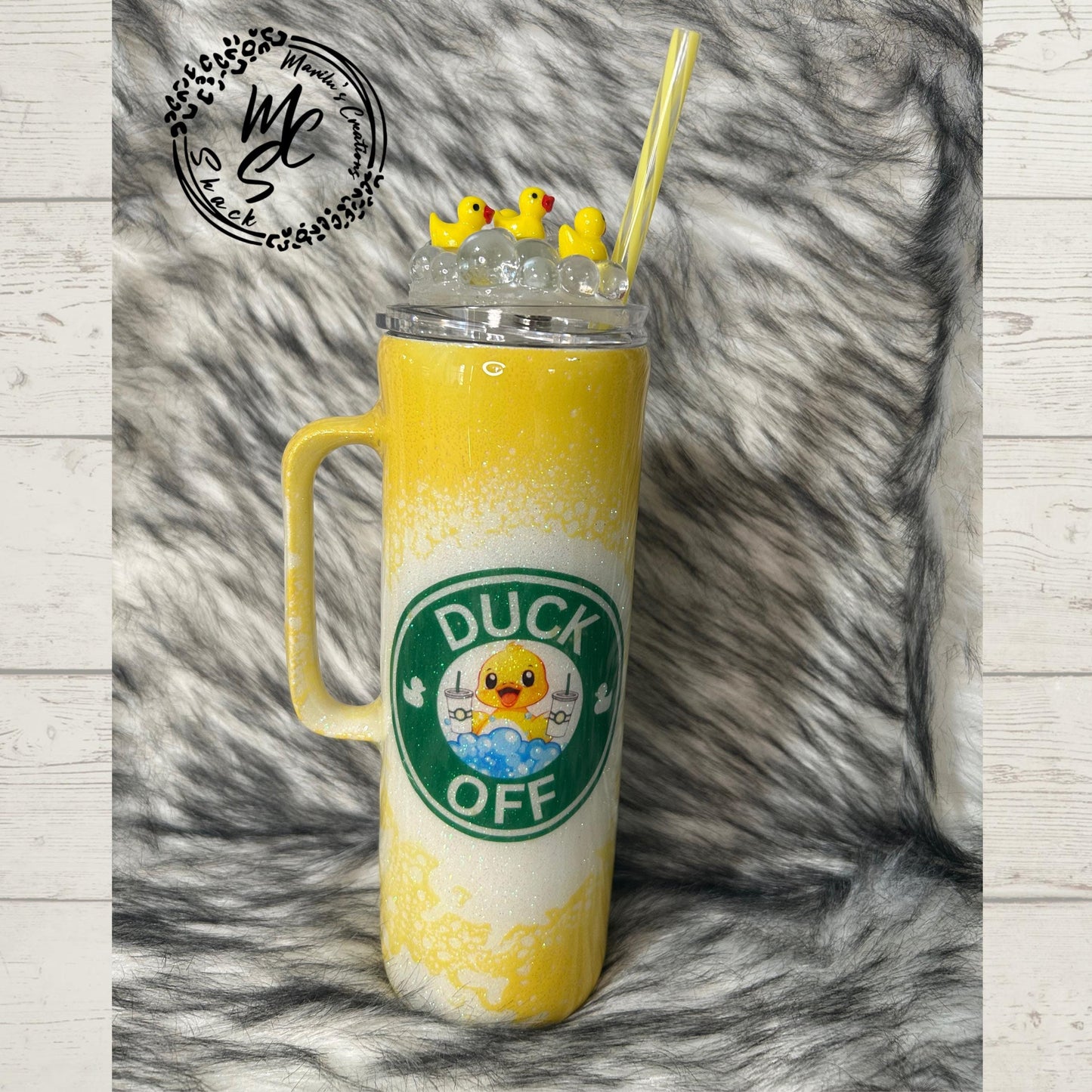 Duck Tumbler: Yellow Glitter Stainless Steel Cup with Rubber Duck Topper