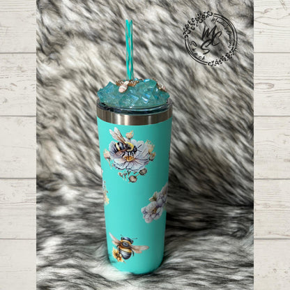 Bees and Flowers on a turquoise/teal Tumbler w/ removable 3D Bees charms Topper. Ready to ship 20oz Straight Skinny Tumbler with Teal Straw.
