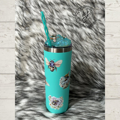 Bees and Flowers on a turquoise/teal Tumbler w/ removable 3D Bees charms Topper. Ready to ship 20oz Straight Skinny Tumbler with Teal Straw.