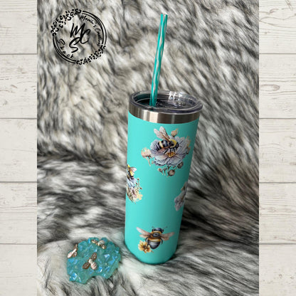 Bees and Flowers on a turquoise/teal Tumbler w/ removable 3D Bees charms Topper. Ready to ship 20oz Straight Skinny Tumbler with Teal Straw.