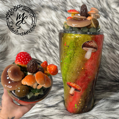 Mushrooms Tumbler with 3D topper tumbler Nature Tumbler, faux mushrooms removable topper (more sanitary), Colorful Handmade 3d mushrooms cup