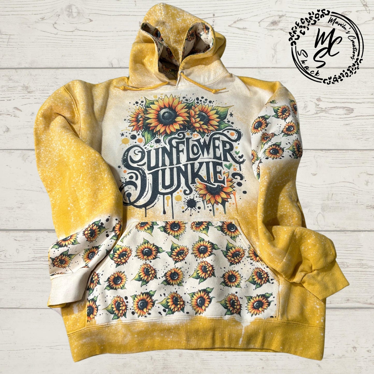 Hoodie Bleached/Distressed (Sunflower Junkie) sunflower print cute sunflower lovers sweatshirt, pullover sweater, sunflower print hood.