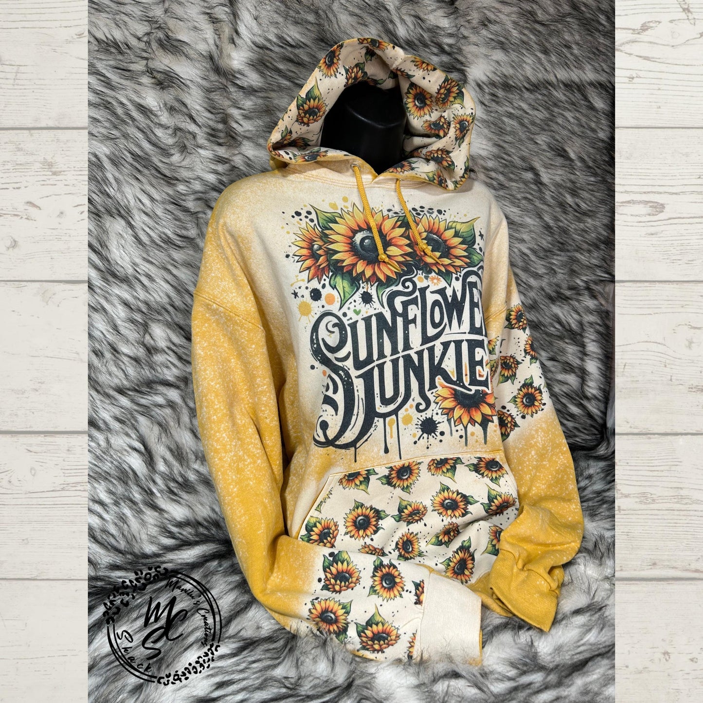 Hoodie Bleached/Distressed (Sunflower Junkie) sunflower print cute sunflower lovers sweatshirt, pullover sweater, sunflower print hood.