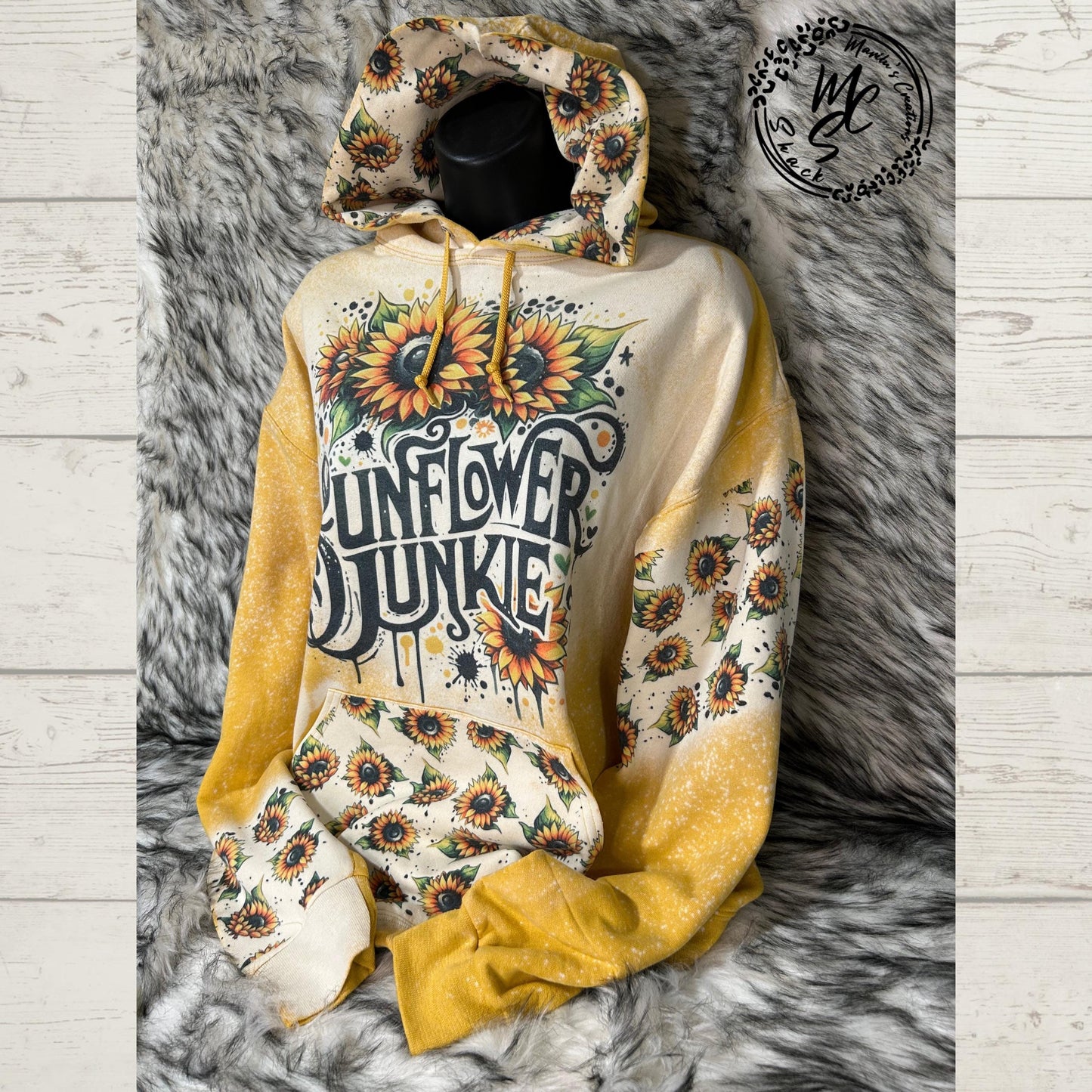 Hoodie Bleached/Distressed (Sunflower Junkie) sunflower print cute sunflower lovers sweatshirt, pullover sweater, sunflower print hood.