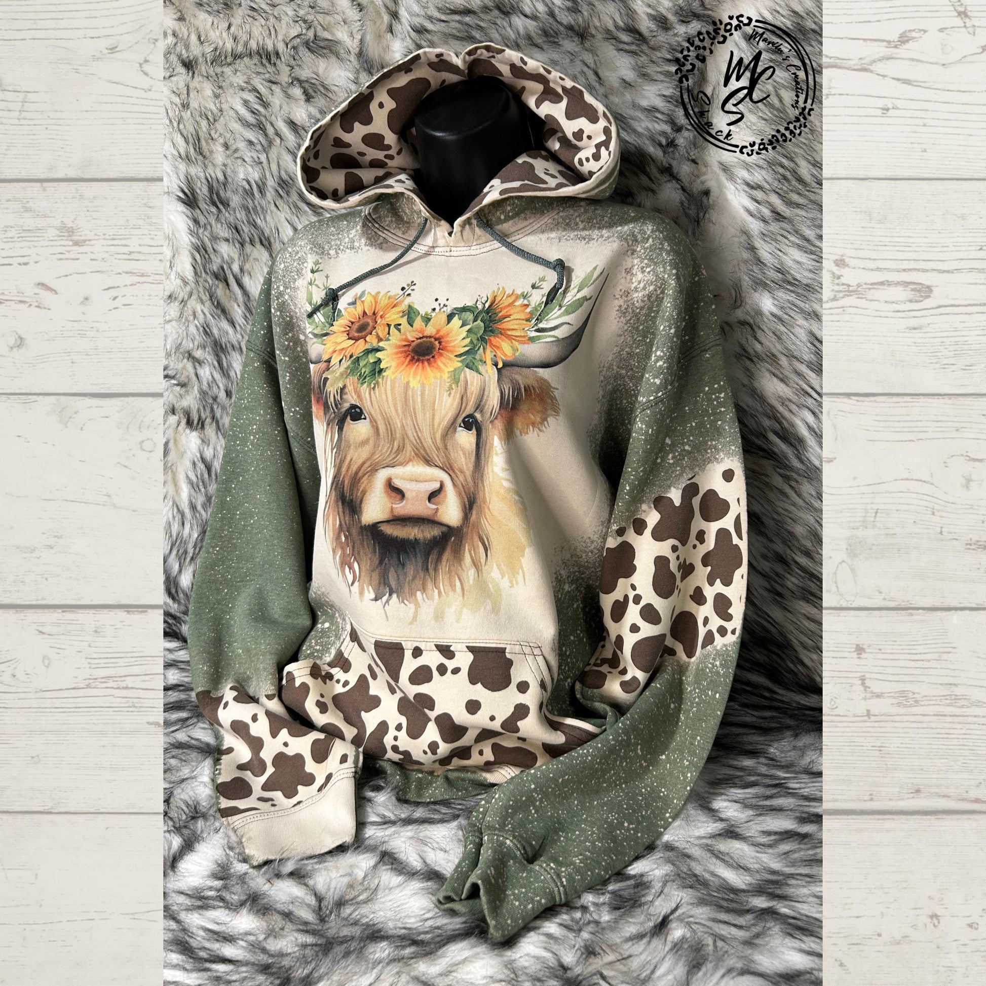 Bleached Highland Cow Hoodie: Sunflower Crown, Cow Print Pullover