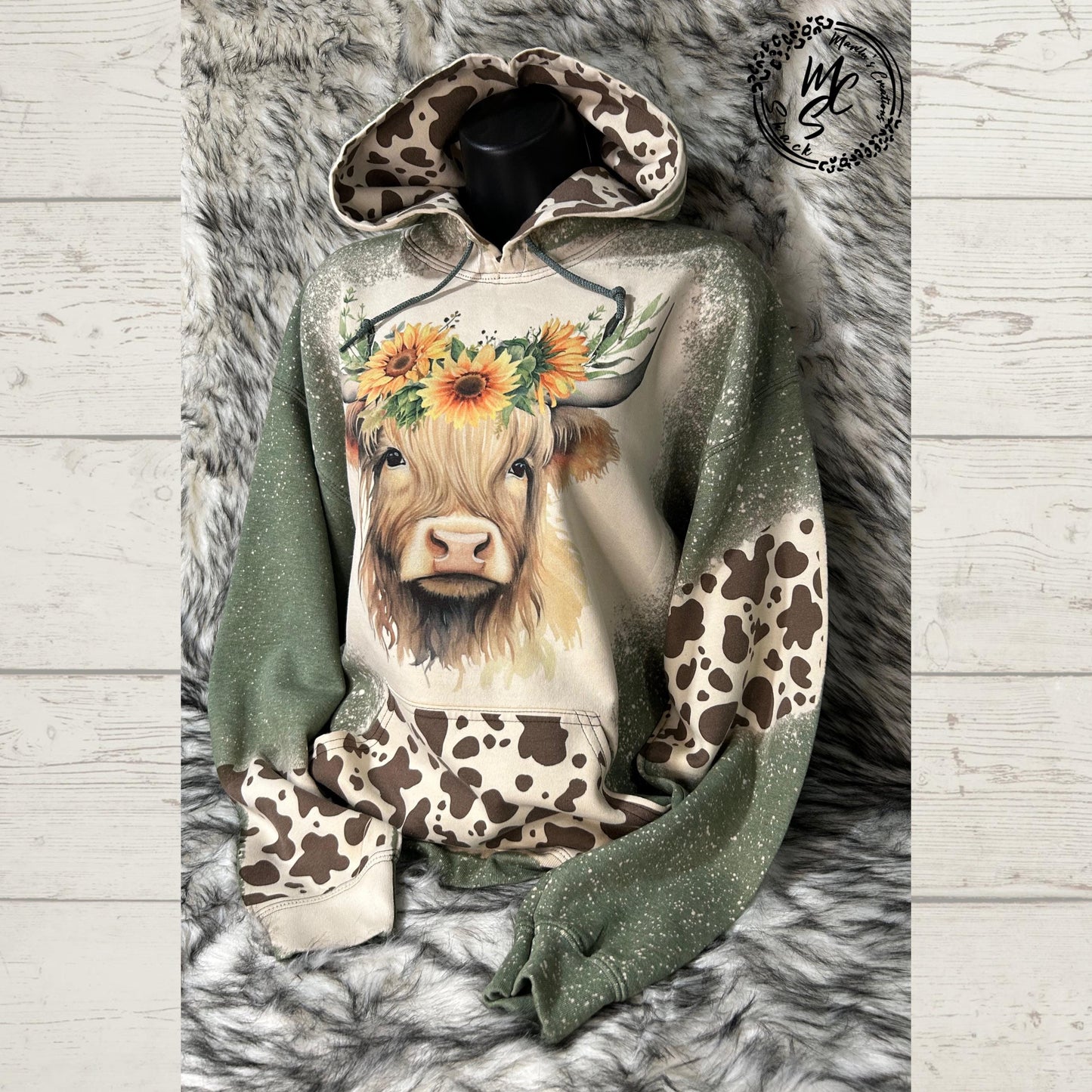 Hoodie Bleached/Distressed Highland Cow with sunflowers and cow prints cute cattle sweatshirt, green pullover, sweater, cow print hood.
