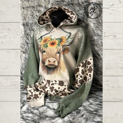 Hoodie Bleached/Distressed Highland Cow with sunflowers and cow prints cute cattle sweatshirt, green pullover, sweater, cow print hood.