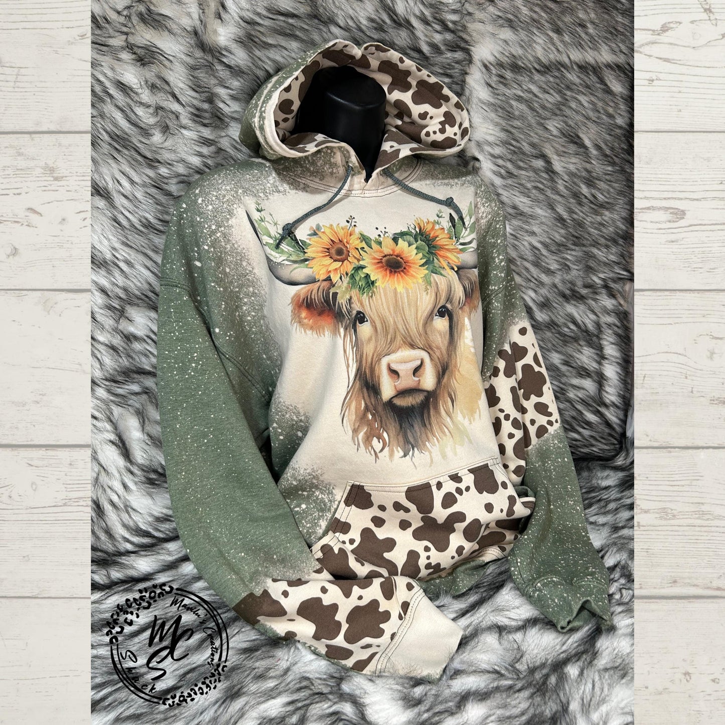 Hoodie Bleached/Distressed Highland Cow with sunflowers and cow prints cute cattle sweatshirt, green pullover, sweater, cow print hood.