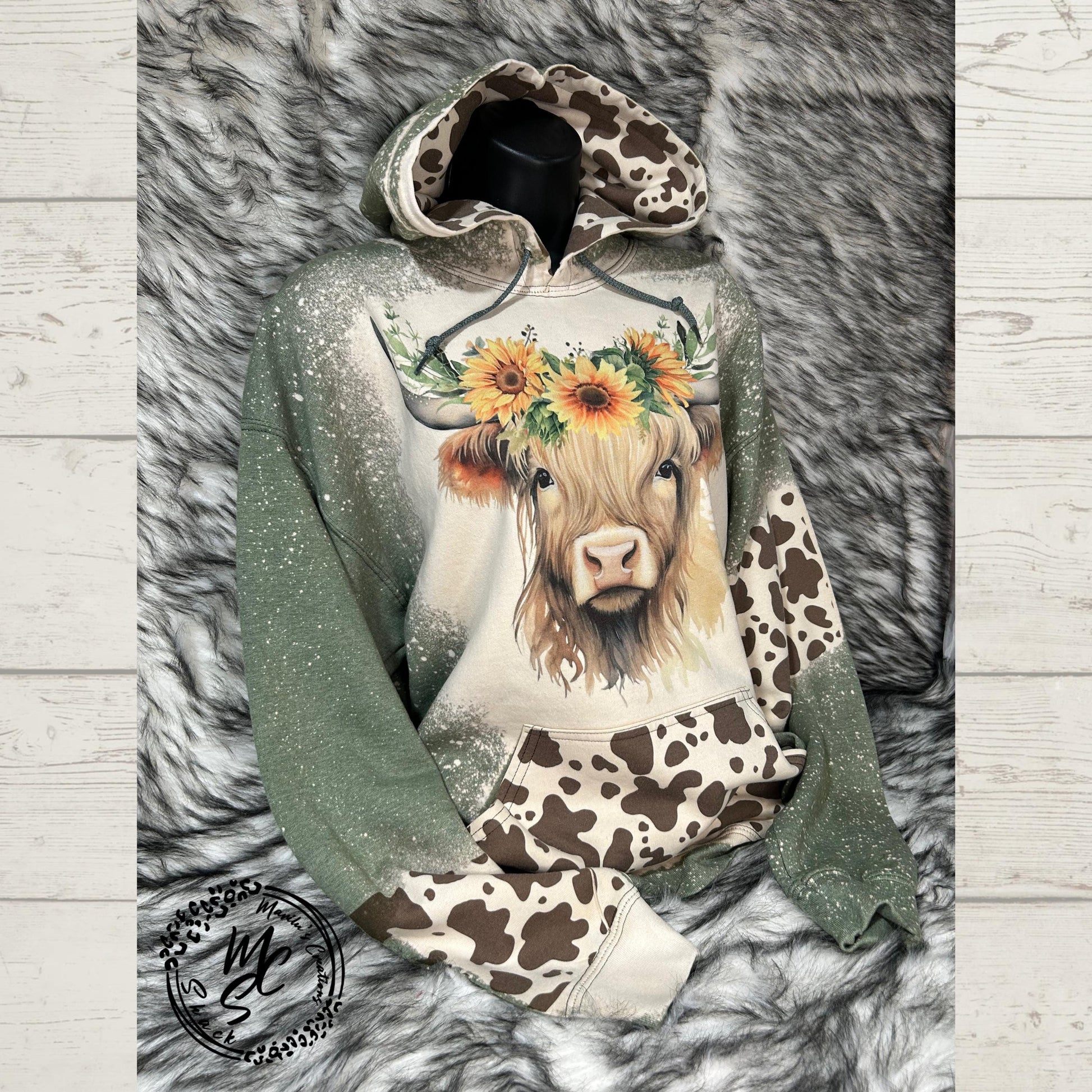 Hoodie Bleached/Distressed Highland Cow with sunflowers and cow prints cute cattle sweatshirt, green pullover, sweater, cow print hood.