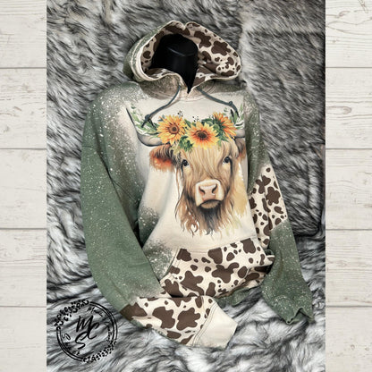 Hoodie Bleached/Distressed Highland Cow with sunflowers and cow prints cute cattle sweatshirt, green pullover, sweater, cow print hood.