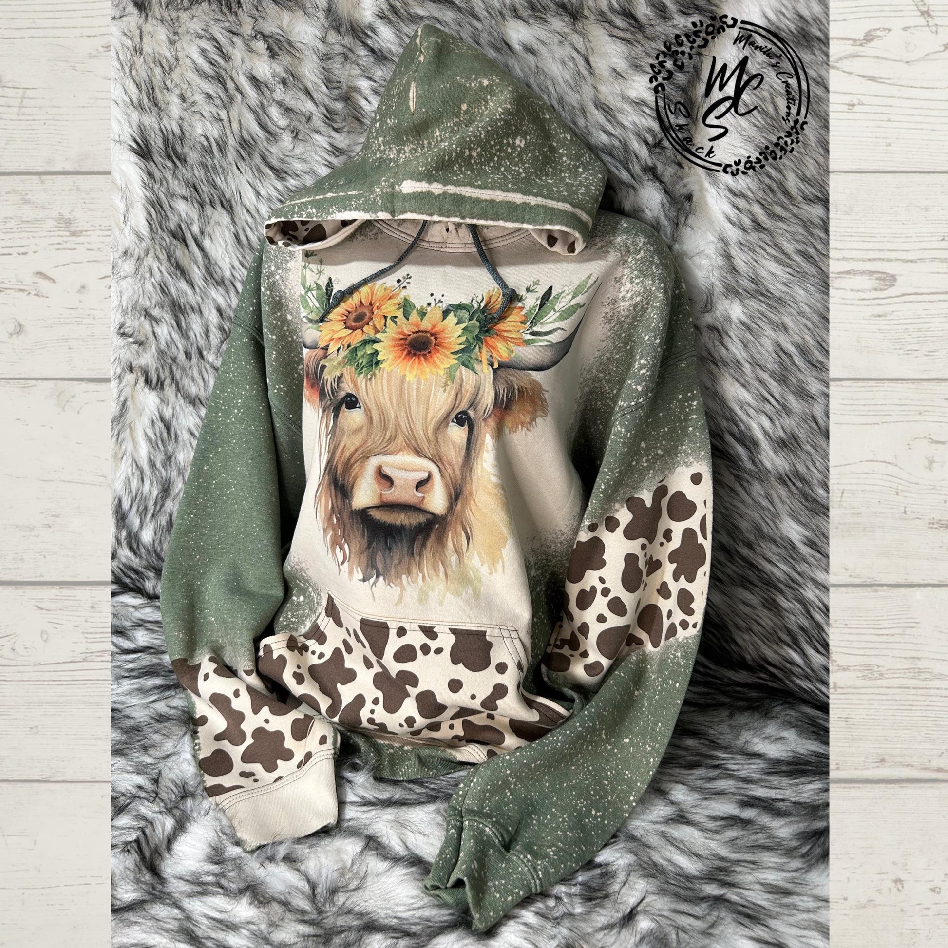 Hoodie Bleached/Distressed Highland Cow with sunflowers and cow prints cute cattle sweatshirt, green pullover, sweater, cow print hood.