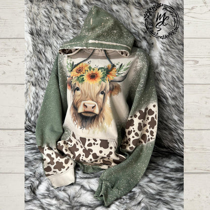 Hoodie Bleached/Distressed Highland Cow with sunflowers and cow prints cute cattle sweatshirt, green pullover, sweater, cow print hood.