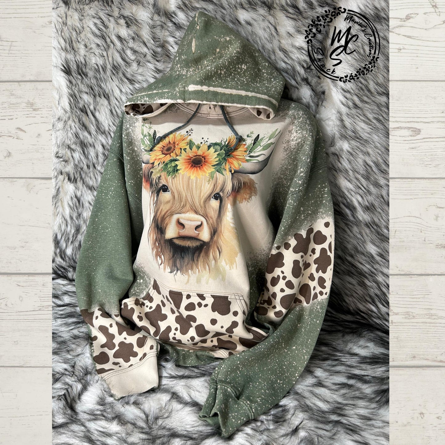Bleached Highland Cow Hoodie: Sunflower Crown, Cow Print Pullover