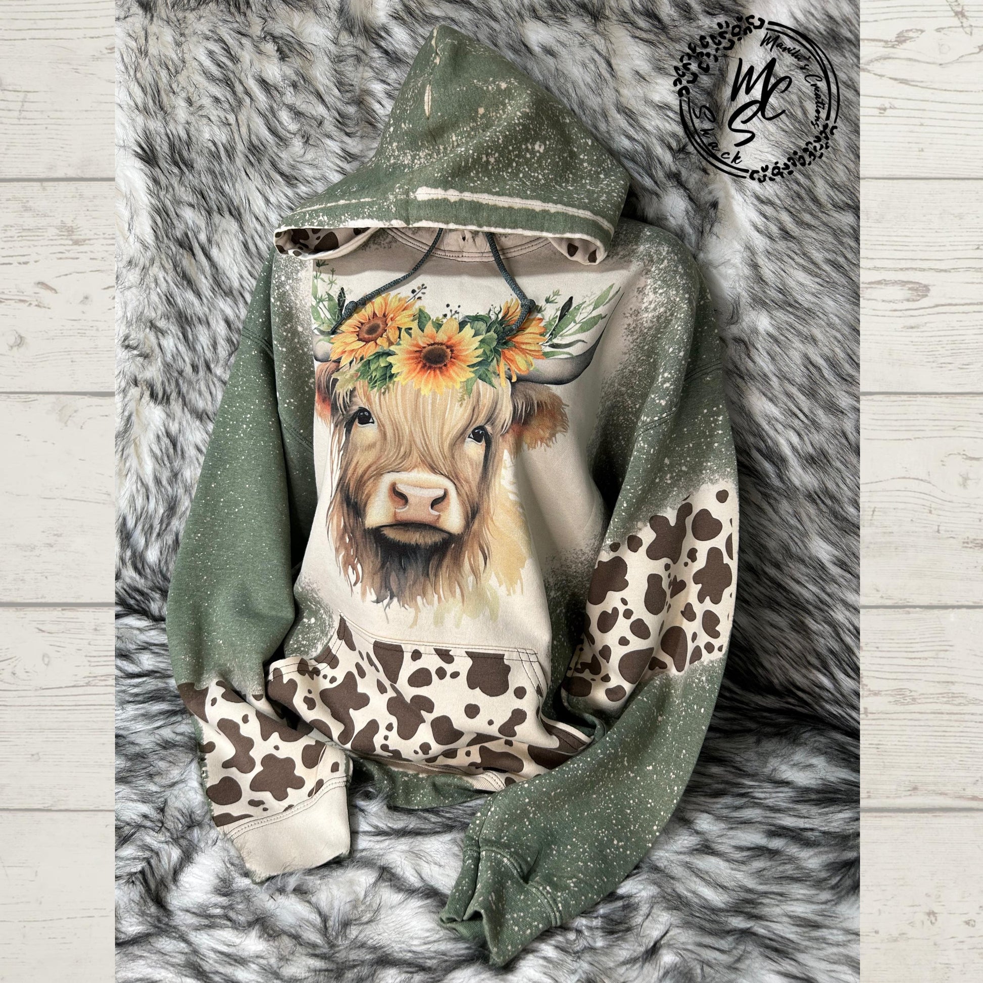 Bleached Highland Cow Hoodie: Sunflower Crown, Cow Print Pullover