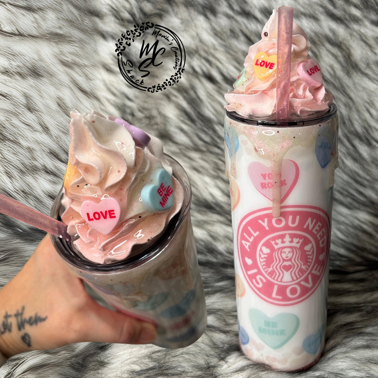 Valentines Tumbler, All you need is love candy, hearts, glitter, 3d dripping and whipped Cream 3d topper, on a 20oz or 30oz Straight Skinny