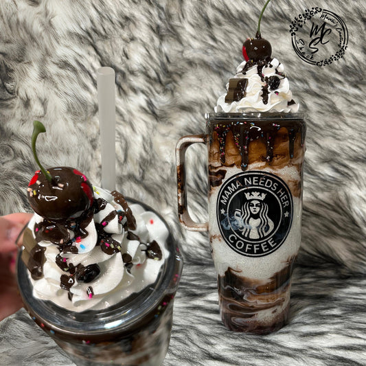 Chocolate Mocha tumbler Mama needs her coffee with 3d realistic cherry top whipped cream removable topper, chocolate drizzle and dripping.